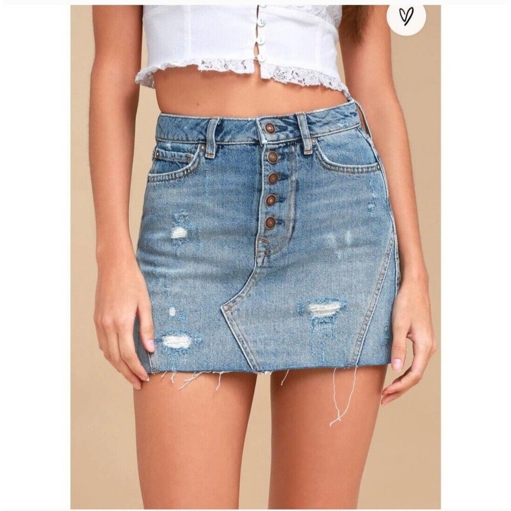 Free People We The Free Mini Jean Skirt Womens 27 Denim Distressed Button Fly - Picture 10 of 10